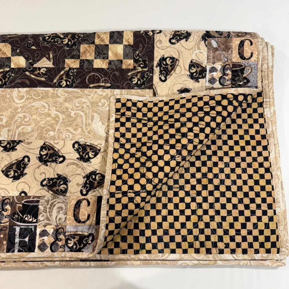 Handmade Coffee Patchwork Quilt Brown Cream Coffee Bean Cup Typography 70x80